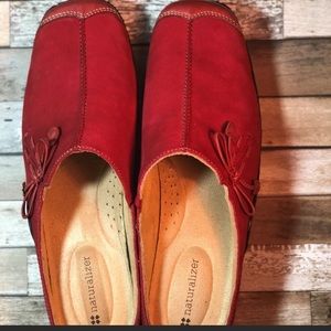 Red Naturalizer mules. Red leather at toes